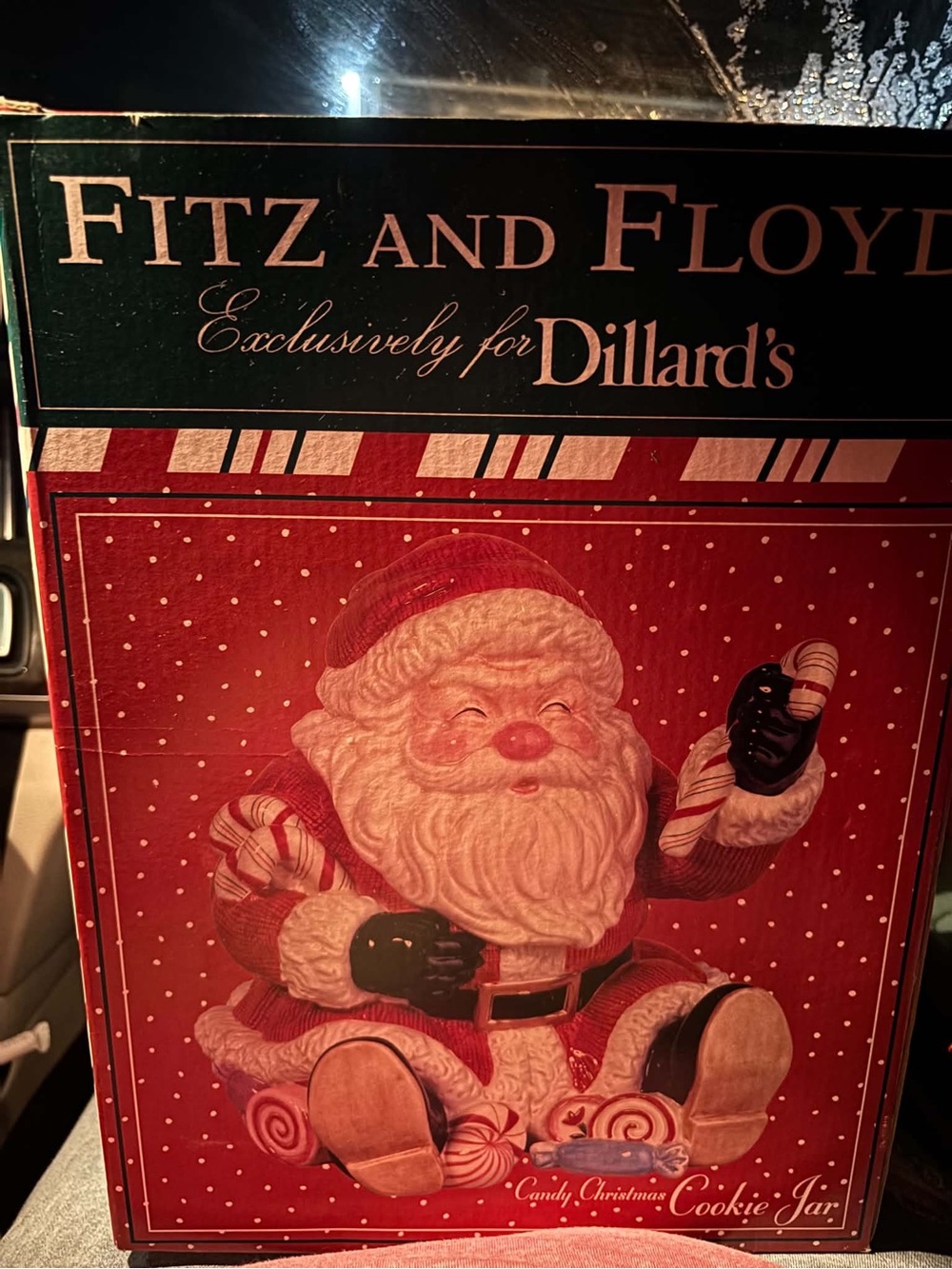 Fitz and Floyd Red and Green Santa Cookie Jar Box with Candy Motif
